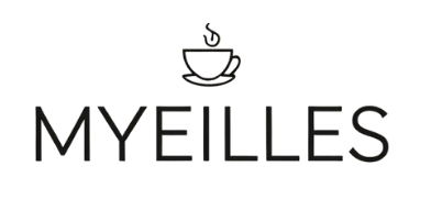 Logo of MYEILLES with a coffee cup icon on a white background